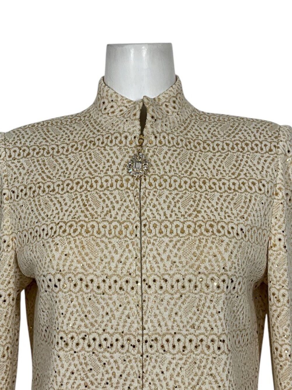 St. John Evening Vintage Embellished Knit Jacket 8 Cream Gold Zipper Front - Picture 12 of 16